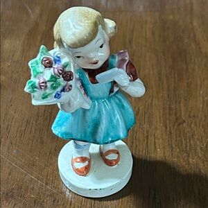 Vintage Ceramic Girl Figurine with Flowers 4” Tall